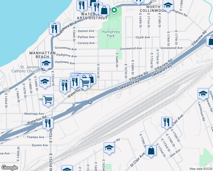 map of restaurants, bars, coffee shops, grocery stores, and more near 395 East 162nd Street in Cleveland