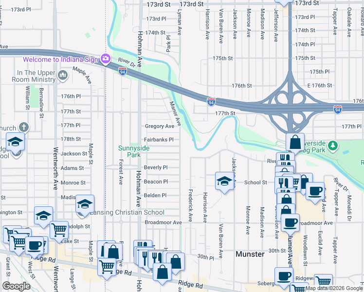 map of restaurants, bars, coffee shops, grocery stores, and more near 320 Sunnyside Avenue in Munster