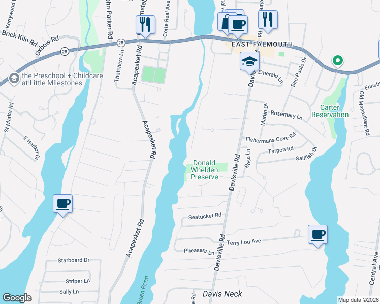 map of restaurants, bars, coffee shops, grocery stores, and more near 123 Green Pond Road in Falmouth