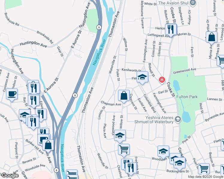 map of restaurants, bars, coffee shops, grocery stores, and more near 311 Lincoln Street in Waterbury
