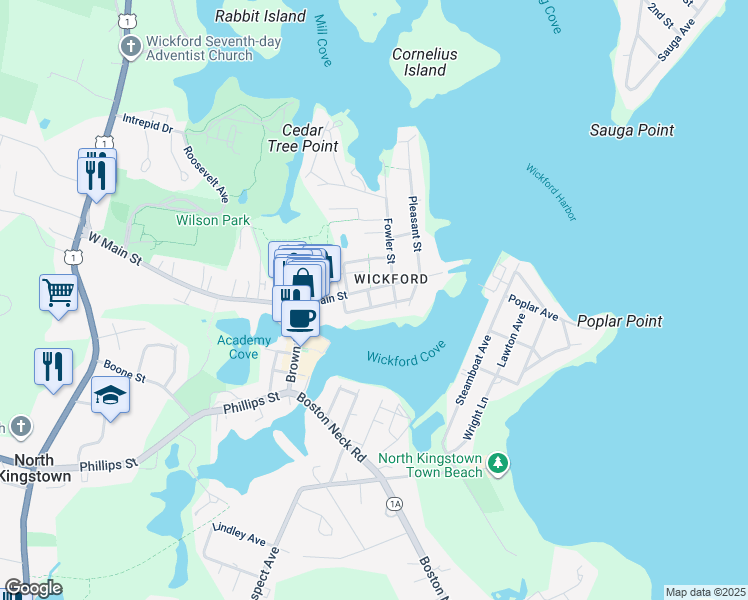 map of restaurants, bars, coffee shops, grocery stores, and more near 23 Washington Street in North Kingstown