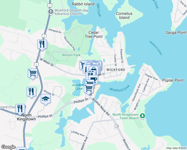 map of restaurants, bars, coffee shops, grocery stores, and more near 70 Brown Street in North Kingstown