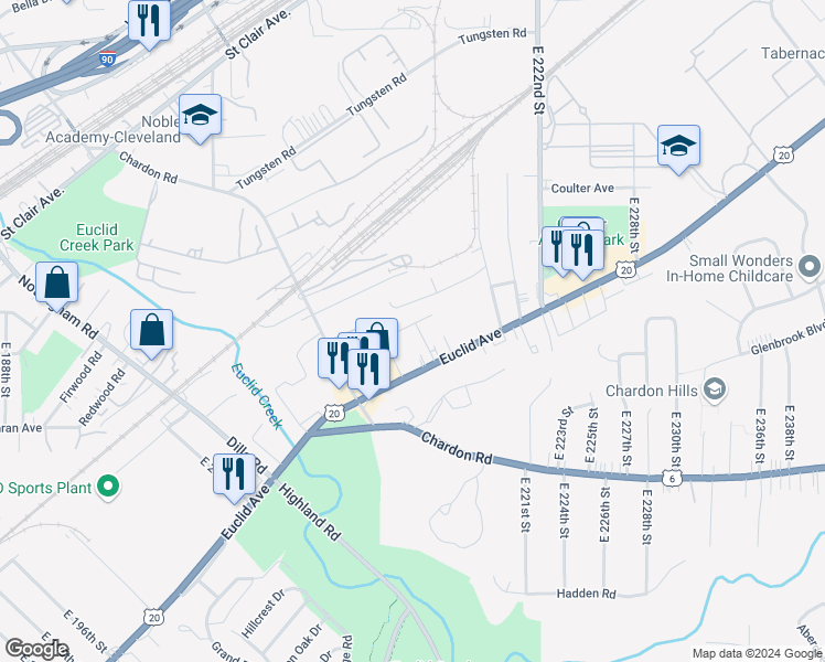 map of restaurants, bars, coffee shops, grocery stores, and more near 21377 Euclid Avenue in Euclid