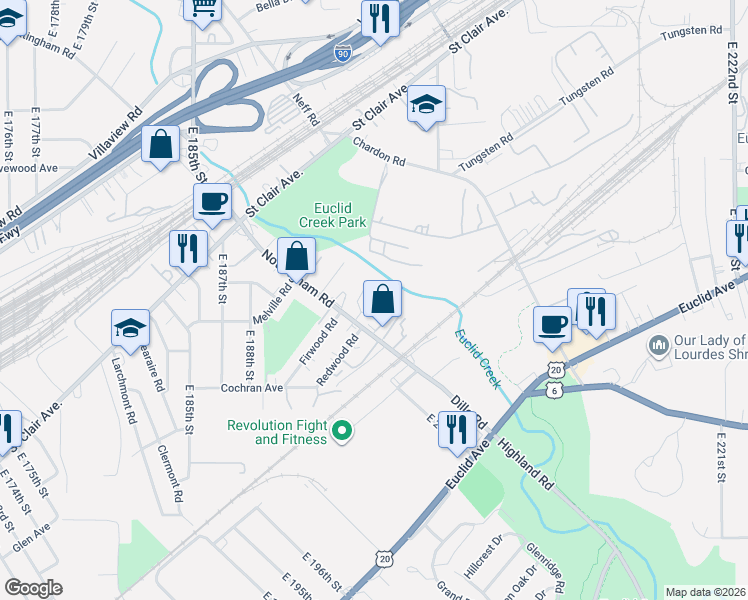 map of restaurants, bars, coffee shops, grocery stores, and more near 19517 Nottingham Road in Cleveland
