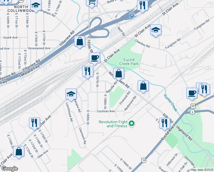 map of restaurants, bars, coffee shops, grocery stores, and more near 1318 East 188th Street in Cleveland