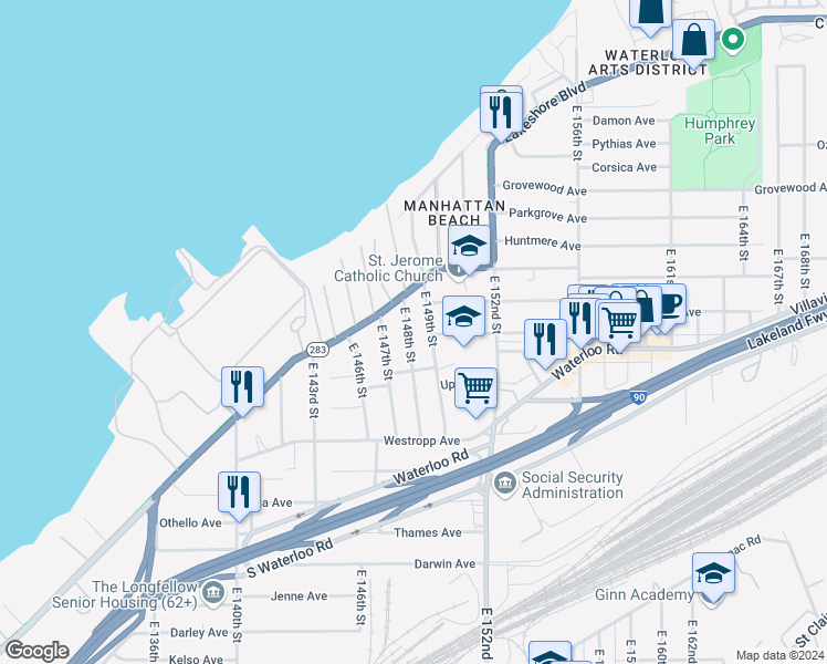 map of restaurants, bars, coffee shops, grocery stores, and more near 423 East 147th Street in Cleveland