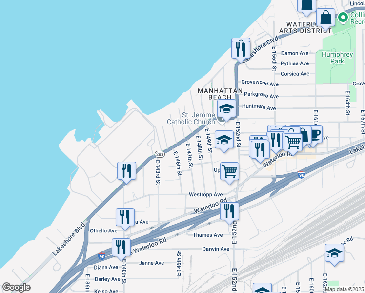 map of restaurants, bars, coffee shops, grocery stores, and more near 395 East 146th Street in Cleveland
