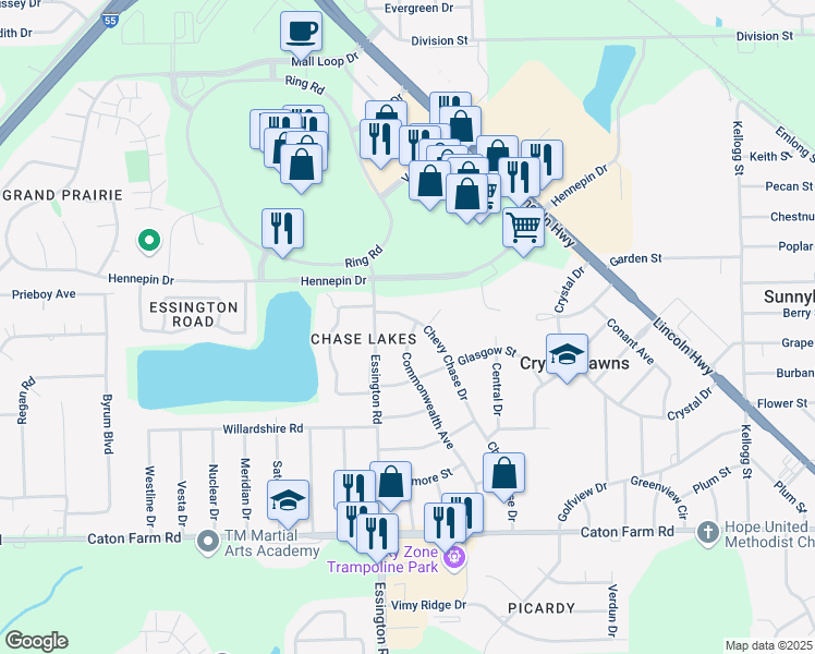 map of restaurants, bars, coffee shops, grocery stores, and more near 2611 Commonwealth Avenue in Joliet