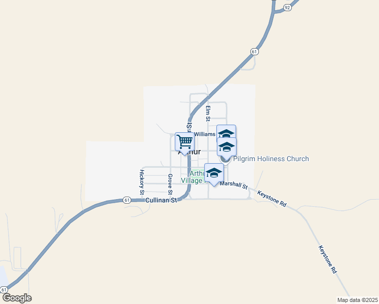 map of restaurants, bars, coffee shops, grocery stores, and more near Nebraska 61 in Arthur