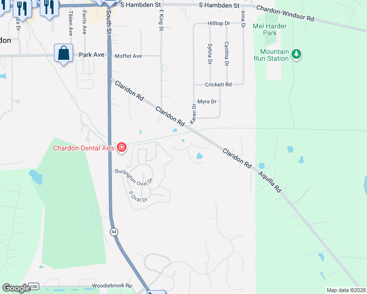 map of restaurants, bars, coffee shops, grocery stores, and more near 106 Squires Lane in Chardon