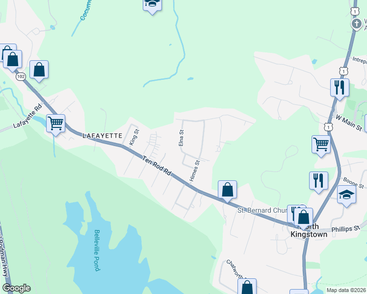 map of restaurants, bars, coffee shops, grocery stores, and more near 5 Dickson Street in North Kingstown