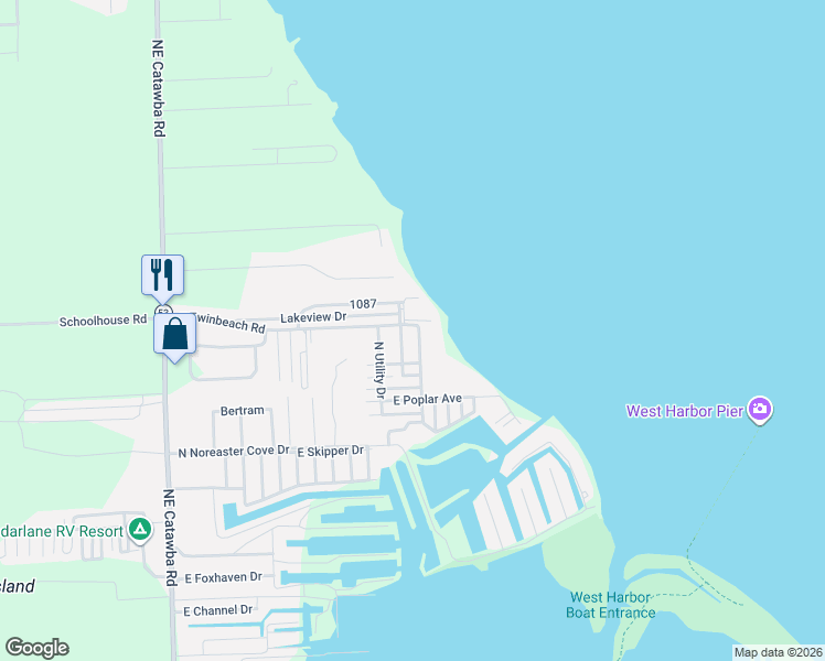 map of restaurants, bars, coffee shops, grocery stores, and more near 3202 North Carolina Street in Port Clinton