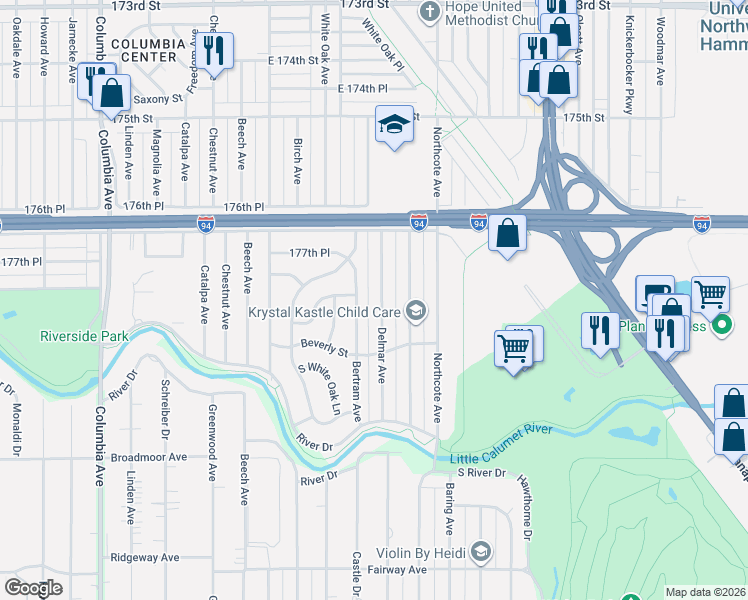 map of restaurants, bars, coffee shops, grocery stores, and more near 7827 Bertram Avenue in Hammond