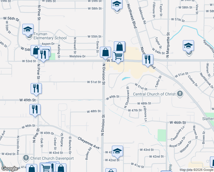 map of restaurants, bars, coffee shops, grocery stores, and more near 4917 North Division Street in Davenport