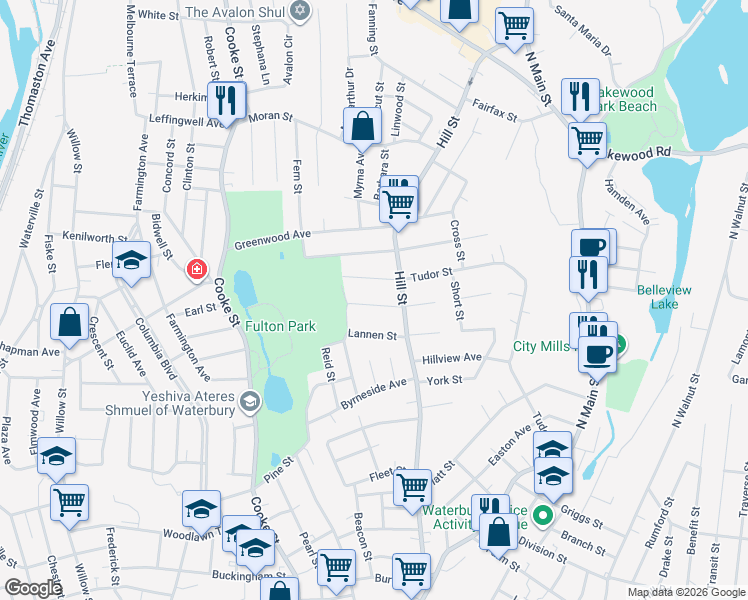 map of restaurants, bars, coffee shops, grocery stores, and more near 30 Lannen Street in Waterbury