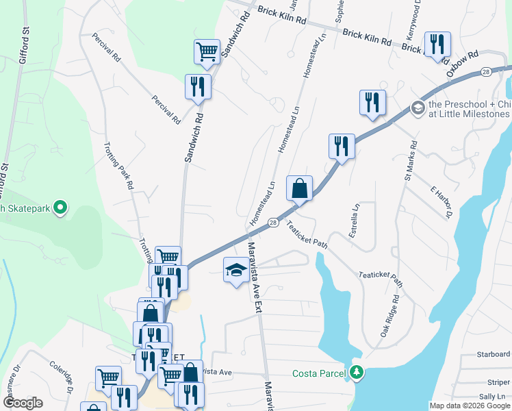 map of restaurants, bars, coffee shops, grocery stores, and more near 11 Heritage Circle in Falmouth