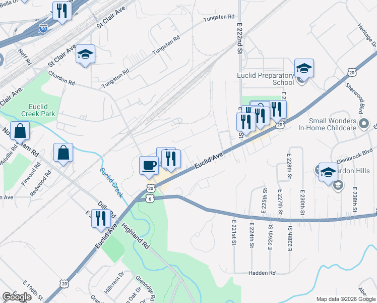 map of restaurants, bars, coffee shops, grocery stores, and more near 21377 Euclid Avenue in Euclid
