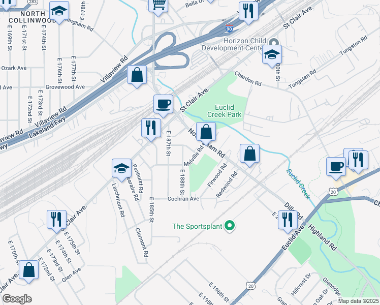 map of restaurants, bars, coffee shops, grocery stores, and more near 1318 East 188th Street in Cleveland