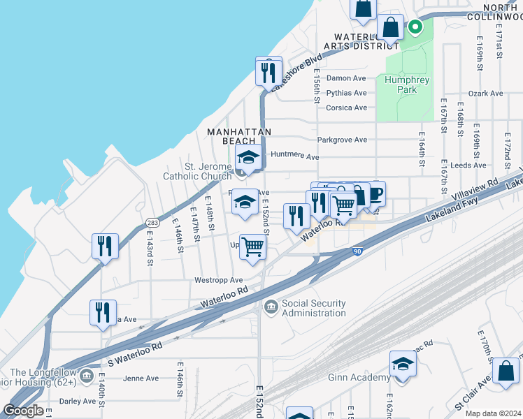 map of restaurants, bars, coffee shops, grocery stores, and more near 410 East 152nd Street in Cleveland