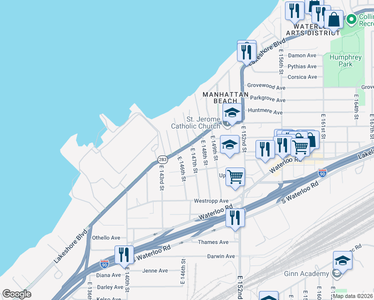 map of restaurants, bars, coffee shops, grocery stores, and more near 395 East 146th Street in Cleveland