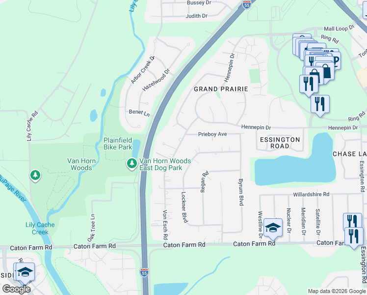 map of restaurants, bars, coffee shops, grocery stores, and more near 2513 Lockner Boulevard in Joliet