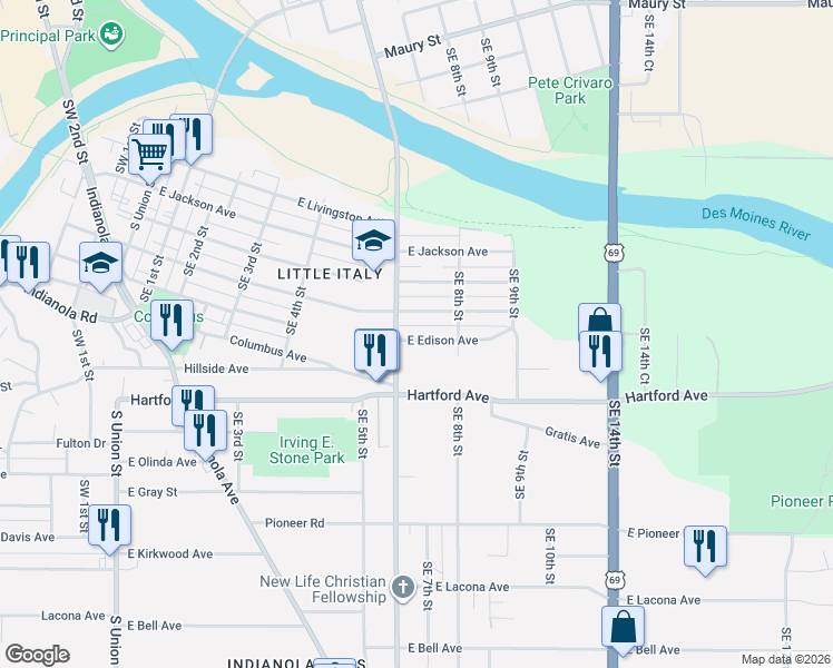 map of restaurants, bars, coffee shops, grocery stores, and more near 1919 Southeast 6th Street in Des Moines