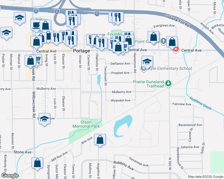 map of restaurants, bars, coffee shops, grocery stores, and more near 2771-2779 Tecumseh Street in Portage