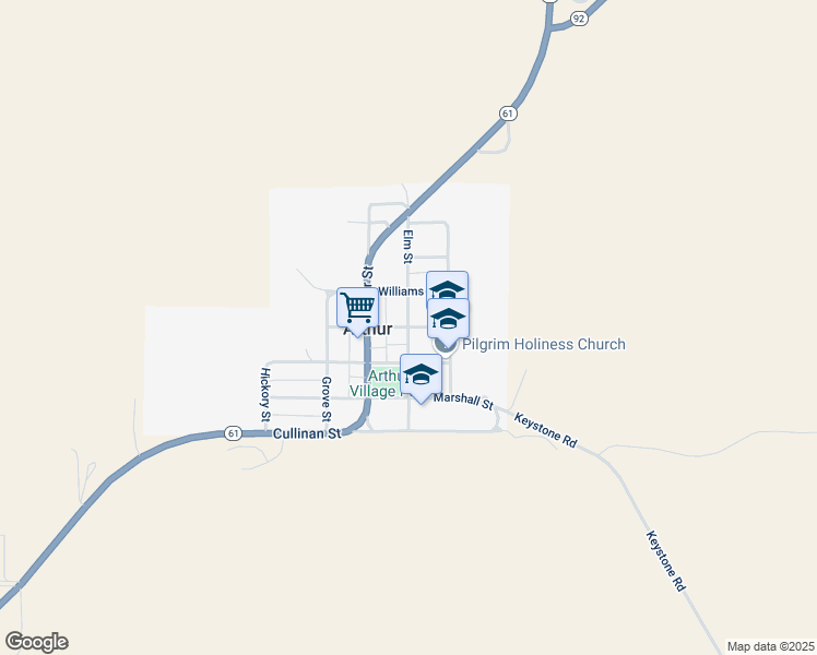 map of restaurants, bars, coffee shops, grocery stores, and more near Elm Street in Arthur