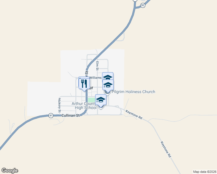 map of restaurants, bars, coffee shops, grocery stores, and more near Cedar Street in Arthur