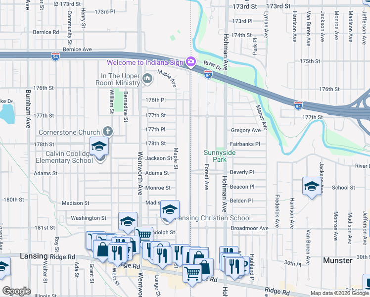 map of restaurants, bars, coffee shops, grocery stores, and more near 17808 State Line Avenue in Lansing
