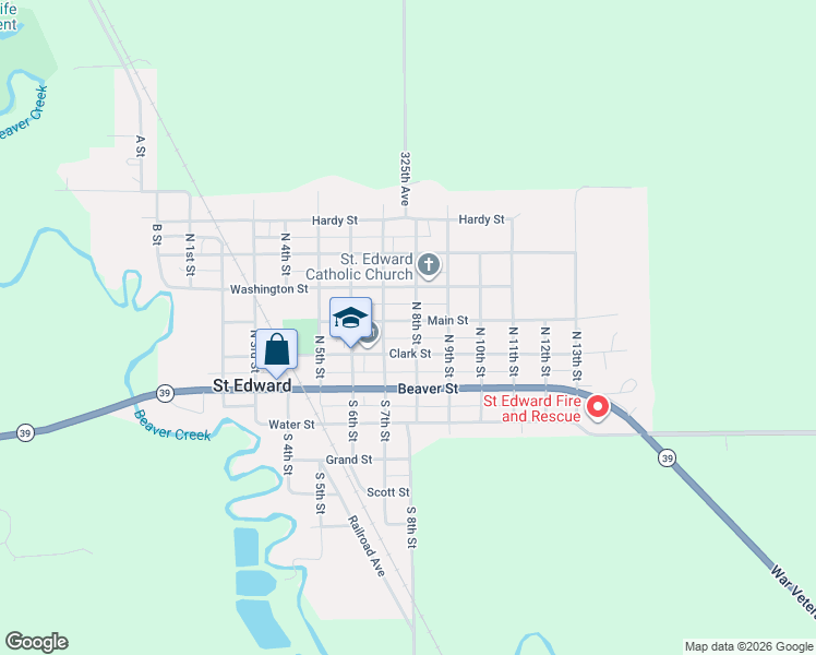 map of restaurants, bars, coffee shops, grocery stores, and more near 207 North 8th Street in Saint Edward