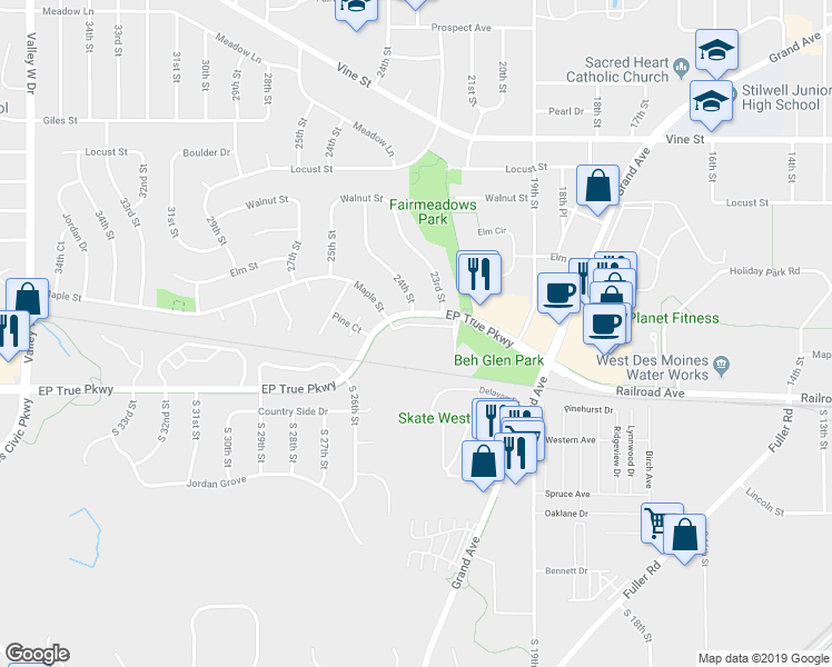 map of restaurants, bars, coffee shops, grocery stores, and more near 2340 EP True Parkway in West Des Moines