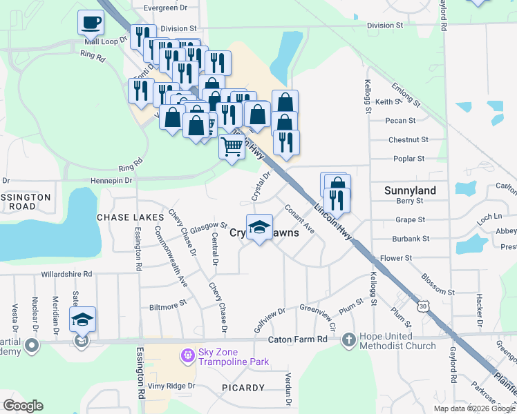 map of restaurants, bars, coffee shops, grocery stores, and more near 2565 Crystal Drive in Joliet