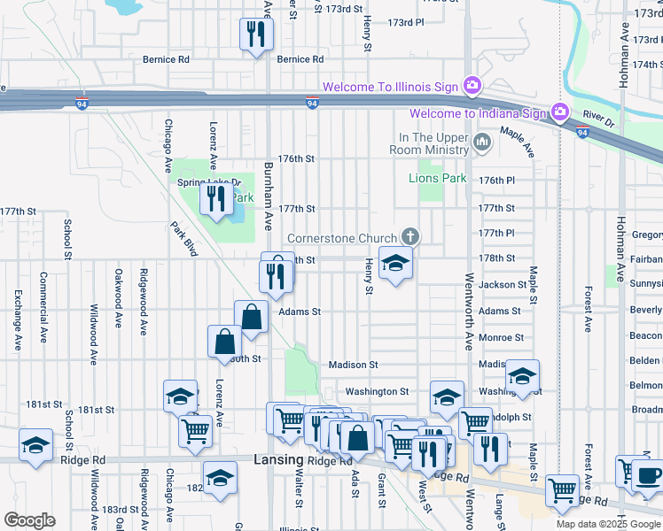 map of restaurants, bars, coffee shops, grocery stores, and more near 3313 178th Street in Lansing