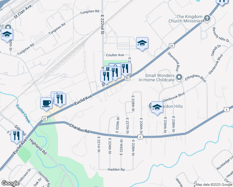 map of restaurants, bars, coffee shops, grocery stores, and more near 22350 Euclid Avenue in Euclid