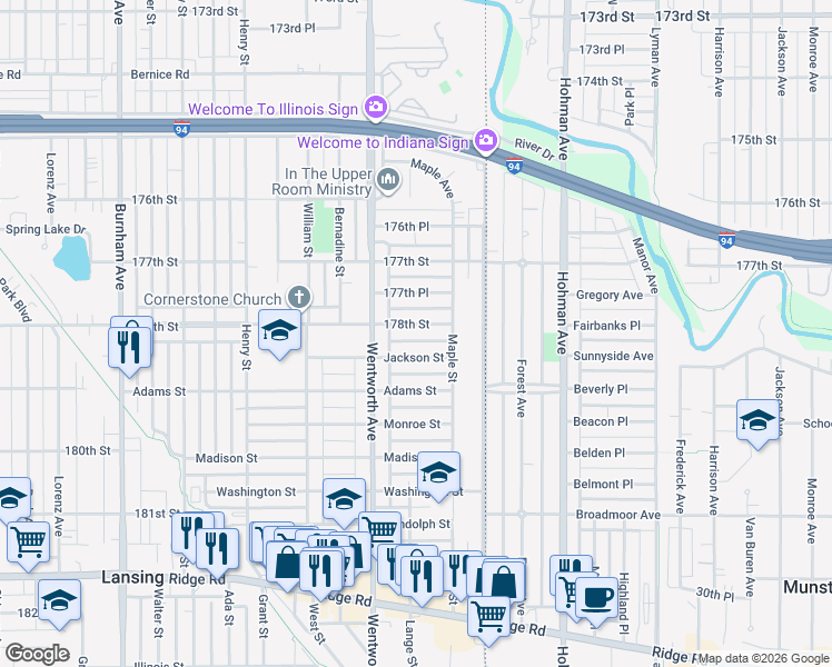 map of restaurants, bars, coffee shops, grocery stores, and more near 3641 178th Street in Lansing