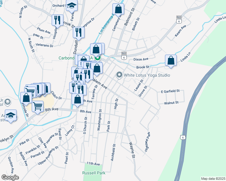 map of restaurants, bars, coffee shops, grocery stores, and more near 71 Spring Street in Carbondale