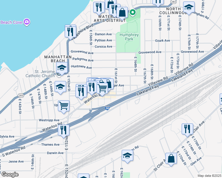 map of restaurants, bars, coffee shops, grocery stores, and more near 366 East 161st Street in Cleveland
