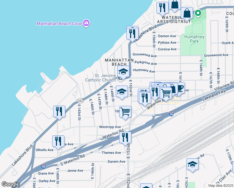 map of restaurants, bars, coffee shops, grocery stores, and more near 367 East 149th Street in Cleveland