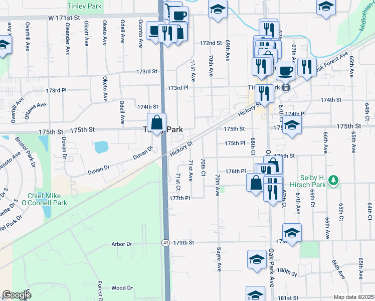 map of restaurants, bars, coffee shops, grocery stores, and more near 17520 70th Court in Tinley Park