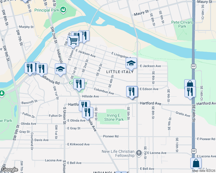 map of restaurants, bars, coffee shops, grocery stores, and more near 1809 Southeast 4th Street in Des Moines