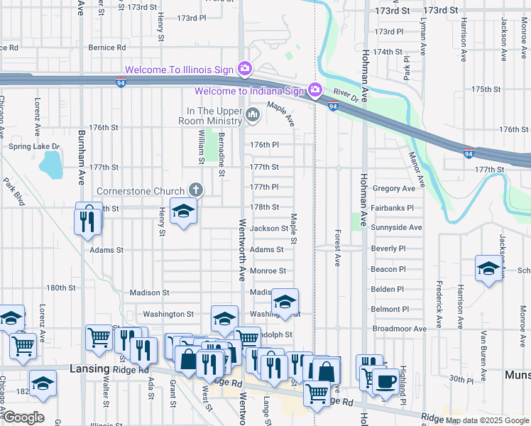 map of restaurants, bars, coffee shops, grocery stores, and more near 3633 178th Street in Lansing