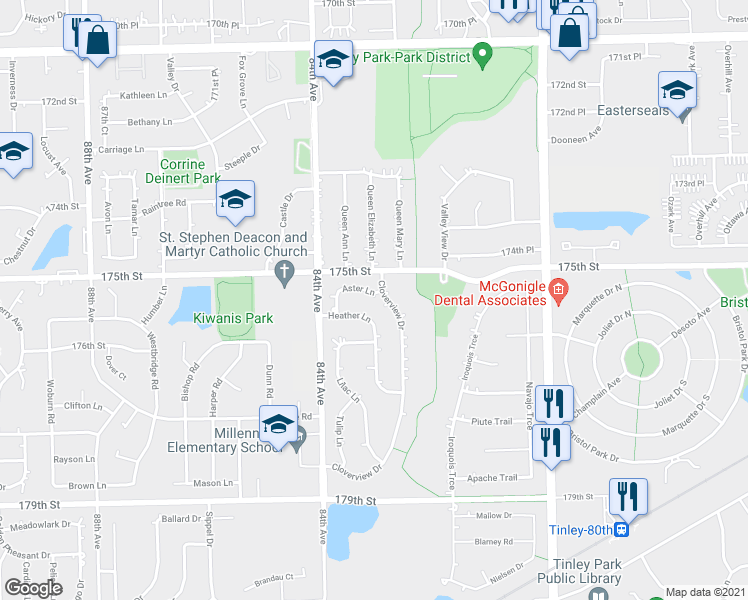 map of restaurants, bars, coffee shops, grocery stores, and more near 8249 Aster Lane in Tinley Park
