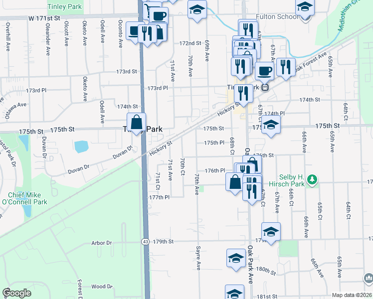 map of restaurants, bars, coffee shops, grocery stores, and more near 17518 70th Avenue in Tinley Park