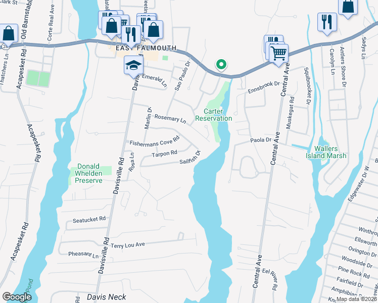 map of restaurants, bars, coffee shops, grocery stores, and more near 47 Sailfish Drive in Falmouth
