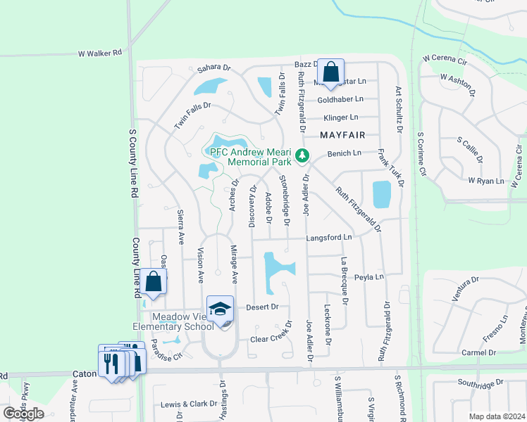 map of restaurants, bars, coffee shops, grocery stores, and more near 2801 Adobe Lane in Plainfield