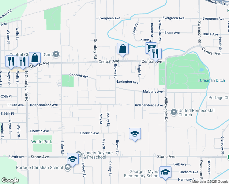 map of restaurants, bars, coffee shops, grocery stores, and more near 2768 Brown Street in Portage
