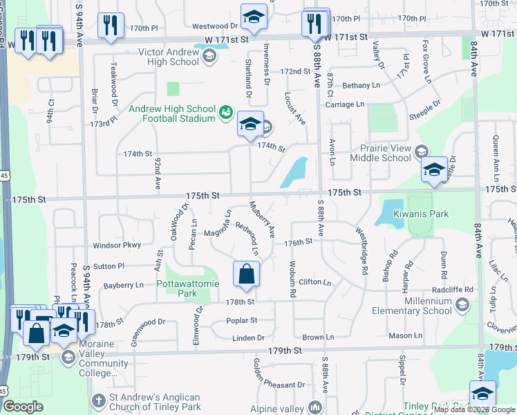 map of restaurants, bars, coffee shops, grocery stores, and more near 8921 Chestnut Drive in Tinley Park