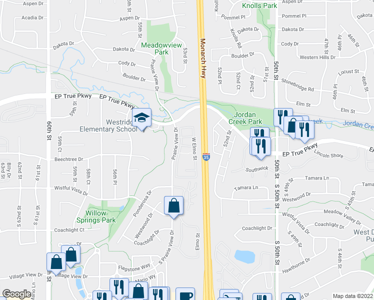 map of restaurants, bars, coffee shops, grocery stores, and more near 225 Prairie View Drive in West Des Moines