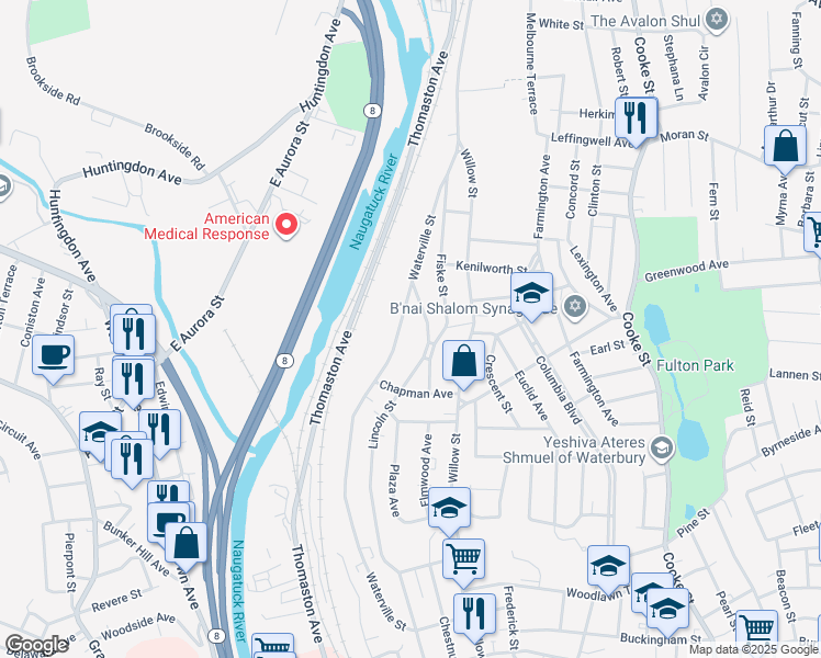 map of restaurants, bars, coffee shops, grocery stores, and more near 373 Lincoln Street in Waterbury